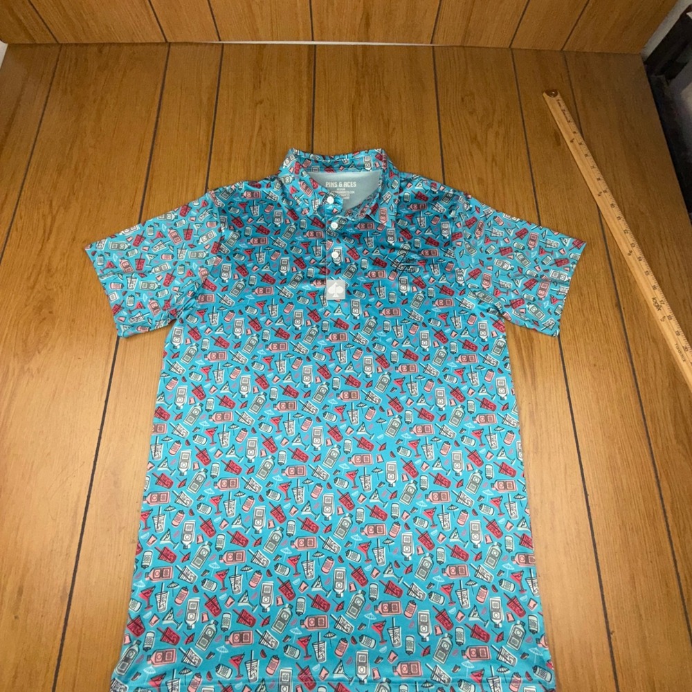 Pins & Aces‎ Medium Golf Polo Shirt Blue Pink Cocktail Print Short Sleeve